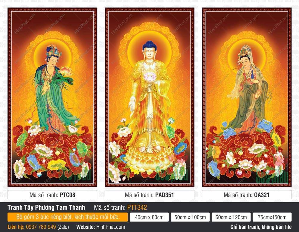 Tranh Tây Phương Tam Thánh PTT342 Tranh Tây Phương Tam Thánh PTT342 họa ba vị Phật đứng trên đài sen vàng tỏa sáng hào quang