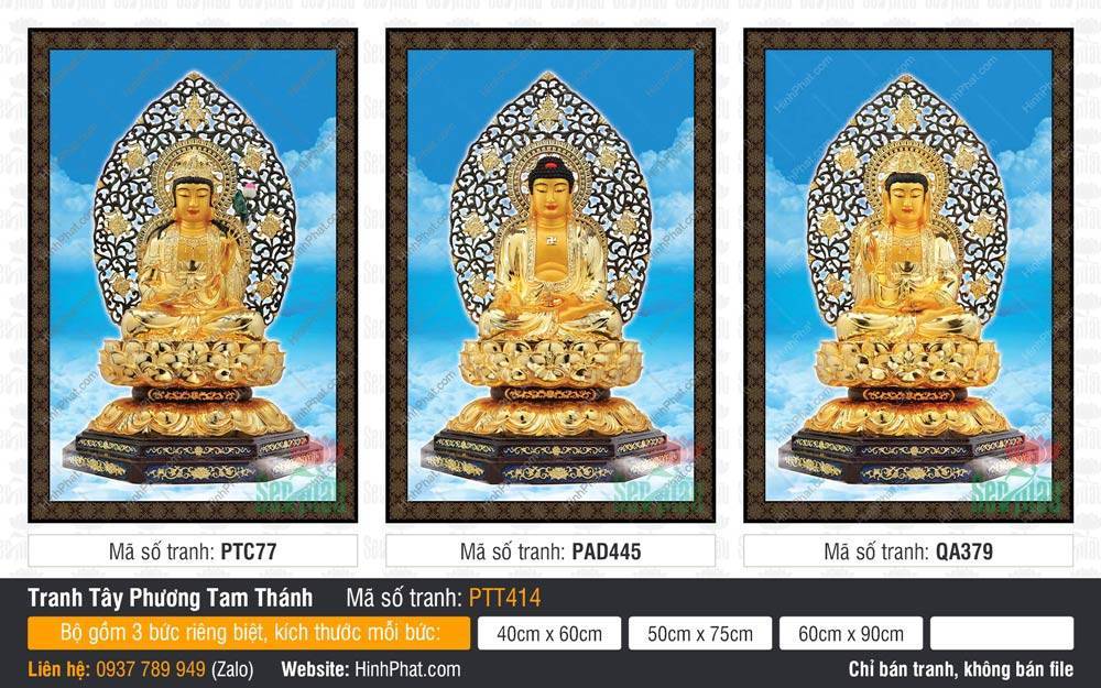 Tranh Tây Phương Tam Thánh PTT414 Tranh Tây Phương Tam Thánh PTT414 tôn tượng vàng ngự tòa sen ba bức rời trang nghiêm
