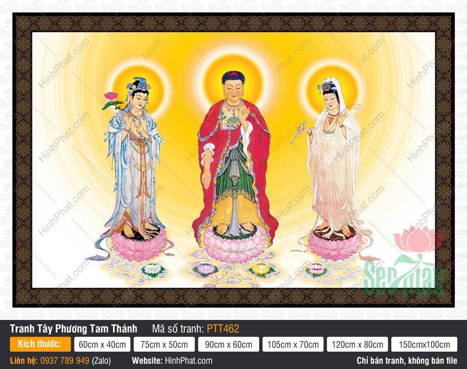 Tranh Tây Phương Tam Thánh PTT462 Tranh Tây Phương Tam Thánh PTT462 khắc họa Đức Phật và hai vị Bồ Tát đứng trên đài sen