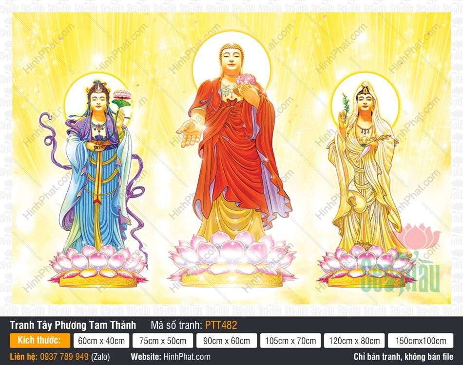 Tranh Tây Phương Tam Thánh PTT482 Tranh Tây Phương Tam Thánh PTT482 ba đức Ngài đứng trên đài sen hồng giữa hào quang vàng rực rỡ