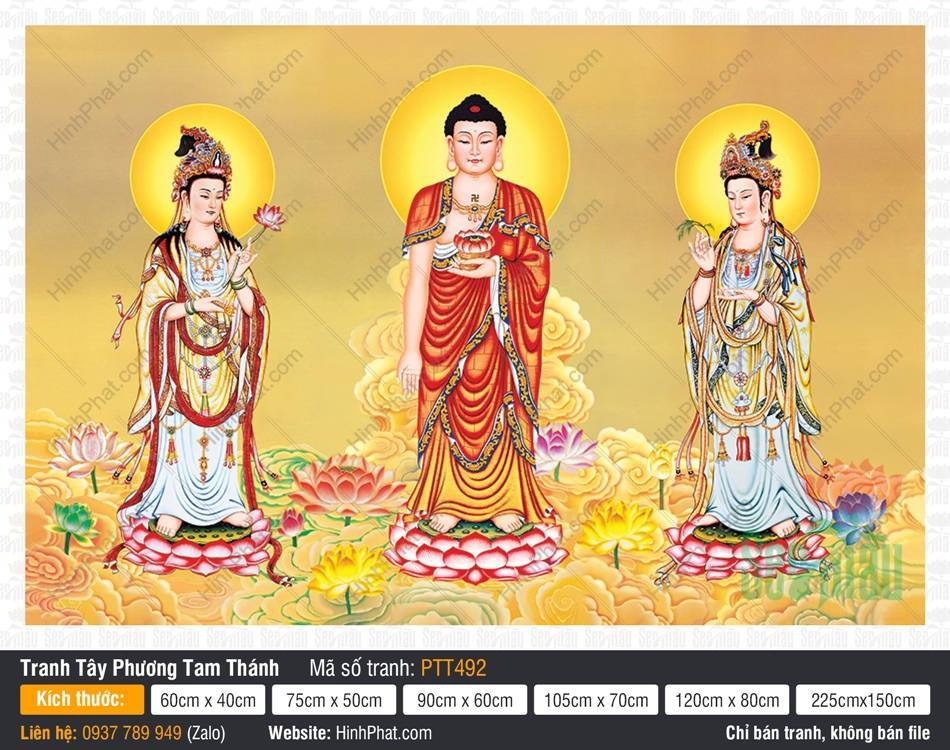 Tranh Tây Phương Tam Thánh PTT492 Tranh Tây Phương Tam Thánh PTT492 với ba vị Phật đứng trên đài sen giữa trời mây vàng rực rỡ