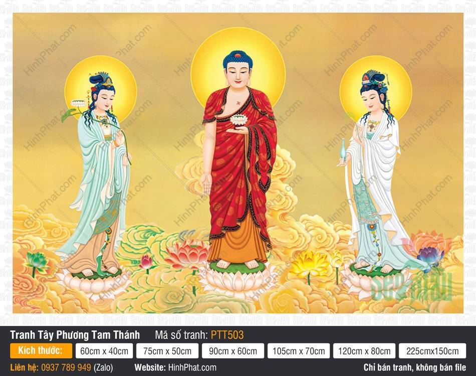 Tranh Tây Phương Tam Thánh Size Lớn PTT503 Tranh Tây Phương Tam Thánh Size Lớn PTT503 ba Đức Ngài đứng trên đài sen giữa biển mây vàng cuộn sóng