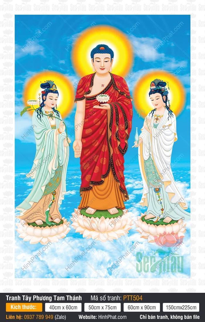 Tranh Tây Phương Tam Thánh Tiếp Dẫn PTT504 Tranh Tây Phương Tam Thánh PTT504 ba vị Phật đứng trên đài sen giữa biển xanh