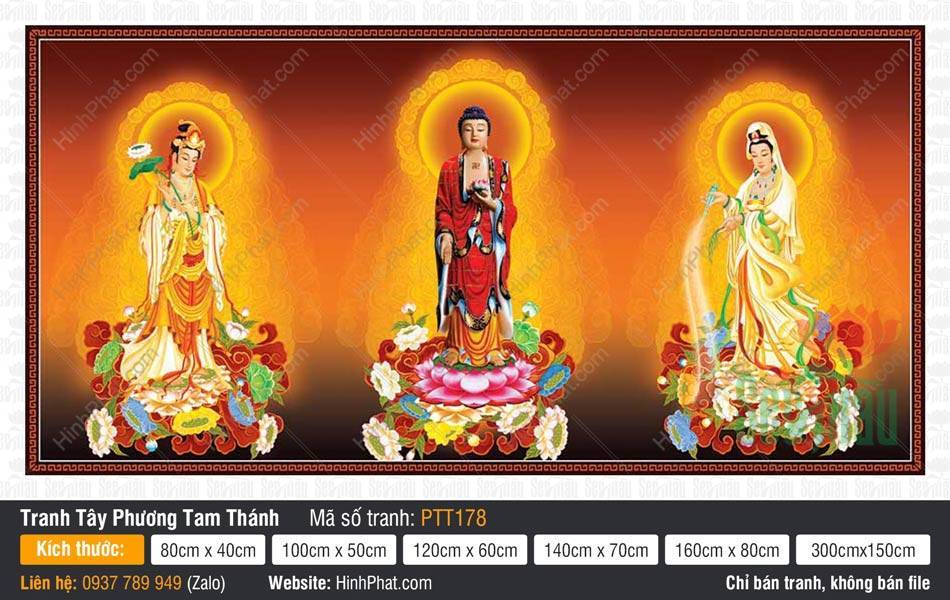 Tranh Tây Phương Tam Thánh đẹp nhất PTT178 Mẫu Tranh Tây Phương Tam Thánh đẹp nhất PTT178 mô tả ba vị tôn tượng đứng trên tòa sen rực rỡ
