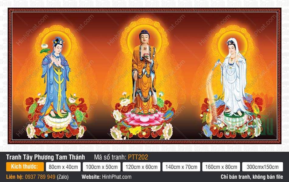 Tranh Tây Phương Tam Thánh đẹp nhất PTT202 Tranh Tây Phương Tam Thánh đẹp nhất PTT202 miêu tả ba Ngài đứng trên tòa sen giữa hào quang rực rỡ