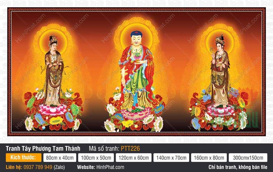 Tranh Tây Phương Tam Thánh đẹp nhất PTT226 Tranh Tây Phương Tam Thánh đẹp nhất PTT226 khắc họa ba ngài mặc y phục nâu vàng