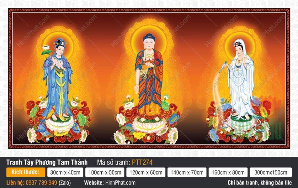 Tranh Tây Phương Tam Thánh đẹp nhất PTT274 Tranh Tây Phương Tam Thánh đẹp nhất PTT274 họa cảnh ba vị đứng trên đài sen báu rực rỡ