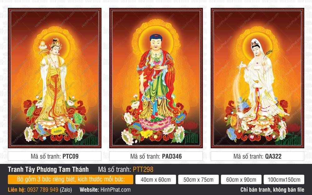 Tranh Tây Phương Tam Thánh đẹp nhất PTT298 Tranh Tây Phương Tam Thánh đẹp nhất PTT298 mô tả ba tôn tượng đứng uy nghiêm trên tòa sen hồng