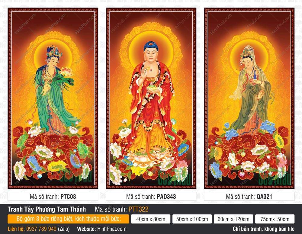 Tranh Tây Phương Tam Thánh đẹp nhất PTT322 Tranh Tây Phương Tam Thánh đẹp nhất PTT322 hiện lên rực rỡ với ba vị đứng đài sen