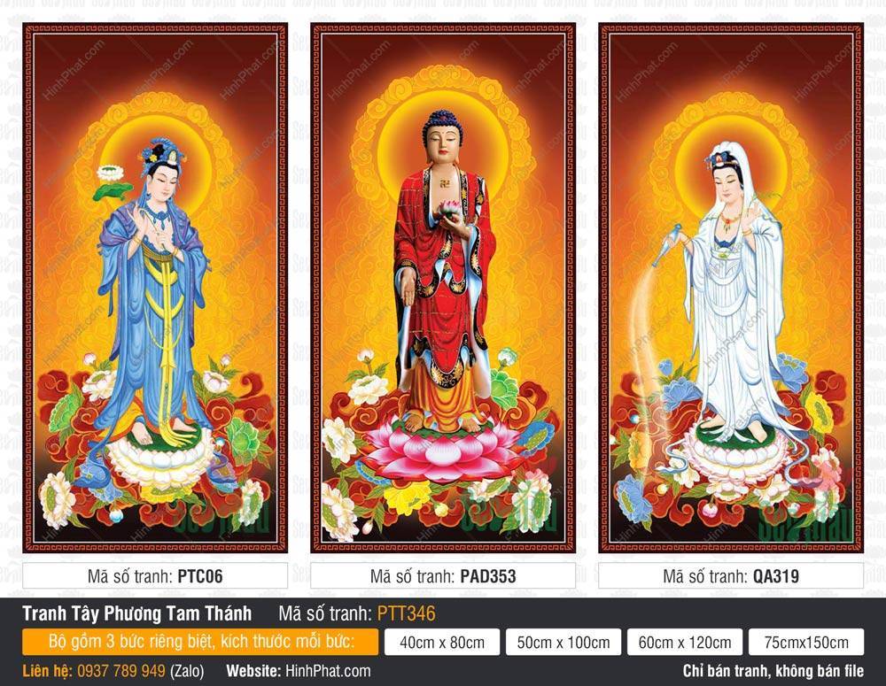 Tranh Tây Phương Tam Thánh đẹp nhất PTT346 Tranh Tây Phương Tam Thánh đẹp nhất PTT346 ba vị đứng trên đài sen trang nghiêm