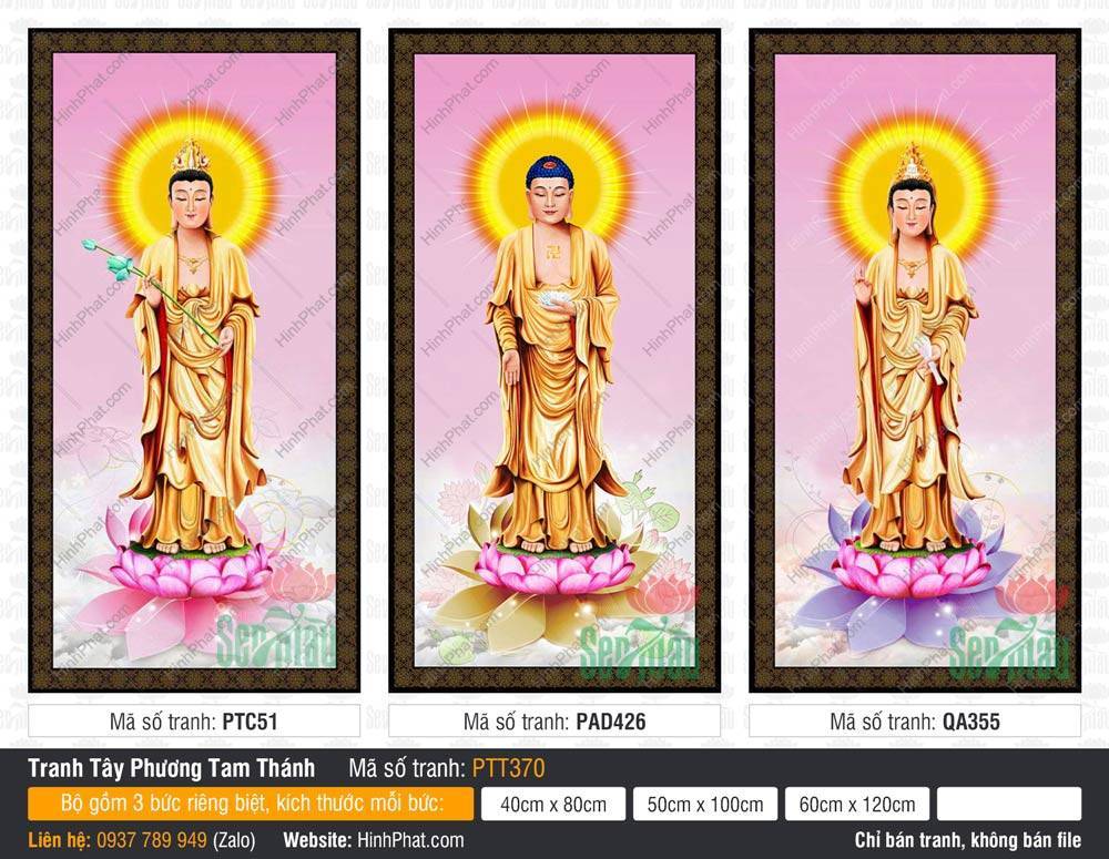 Tranh Tây Phương Tam Thánh đẹp nhất PTT370 Tranh Tây Phương Tam Thánh đẹp nhất PTT370 gồm ba vị Phật mặc y vàng đứng trên đài sen.