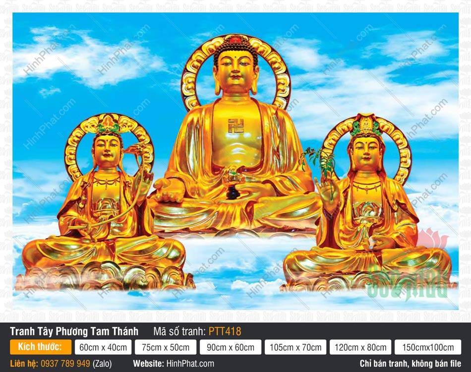 Tranh Tây Phương Tam Thánh đẹp nhất PTT418 Tranh Tây Phương Tam Thánh đẹp nhất PTT418 tọa sen vàng giữa trời xanh mây trắng