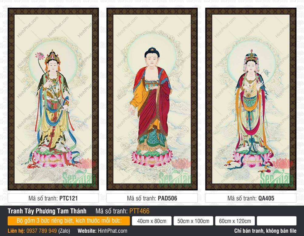 Tranh Tây Phương Tam Thánh đẹp nhất PTT466 Tranh Tây Phương Tam Thánh đẹp nhất PTT466 bộ 3 tấm rời đứng trên đài sen nền kem