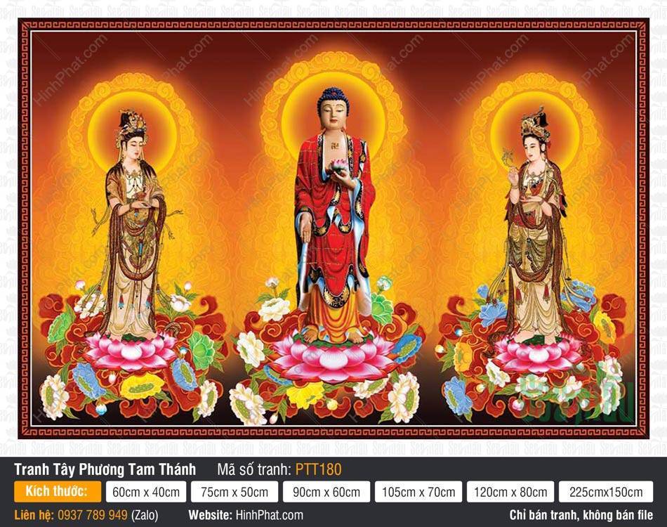 Tranh Tây Phương Tam Thánh kích thước lớn PTT180 Tranh Tây Phương Tam Thánh kích thước lớn PTT180 ba Ngài đứng trên đài sen y bào rực rỡ