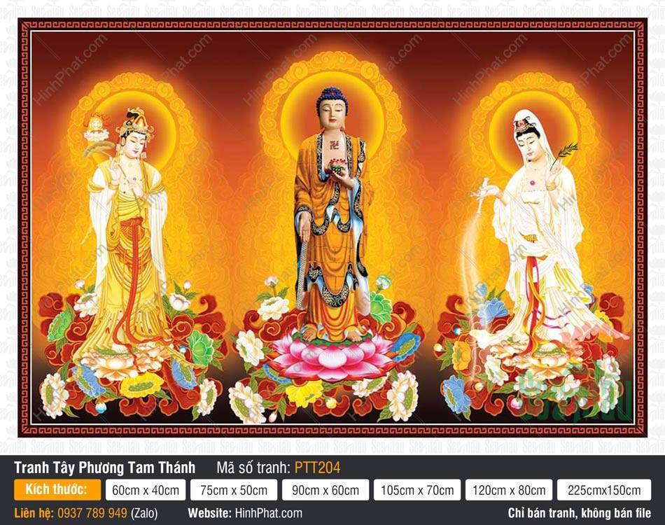 Tranh Tây Phương Tam Thánh kích thước lớn PTT204 Tranh Tây Phương Tam Thánh kích thước lớn PTT204 mô tả ba vị Phật y phục vàng trắng