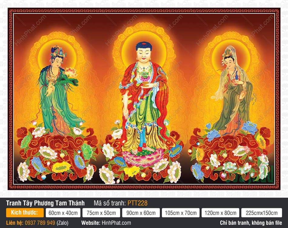 Tranh Tây Phương Tam Thánh kích thước lớn PTT228 Tranh Tây Phương Tam Thánh kích thước lớn PTT228 mô tả ba vị Phật đứng trên đài sen