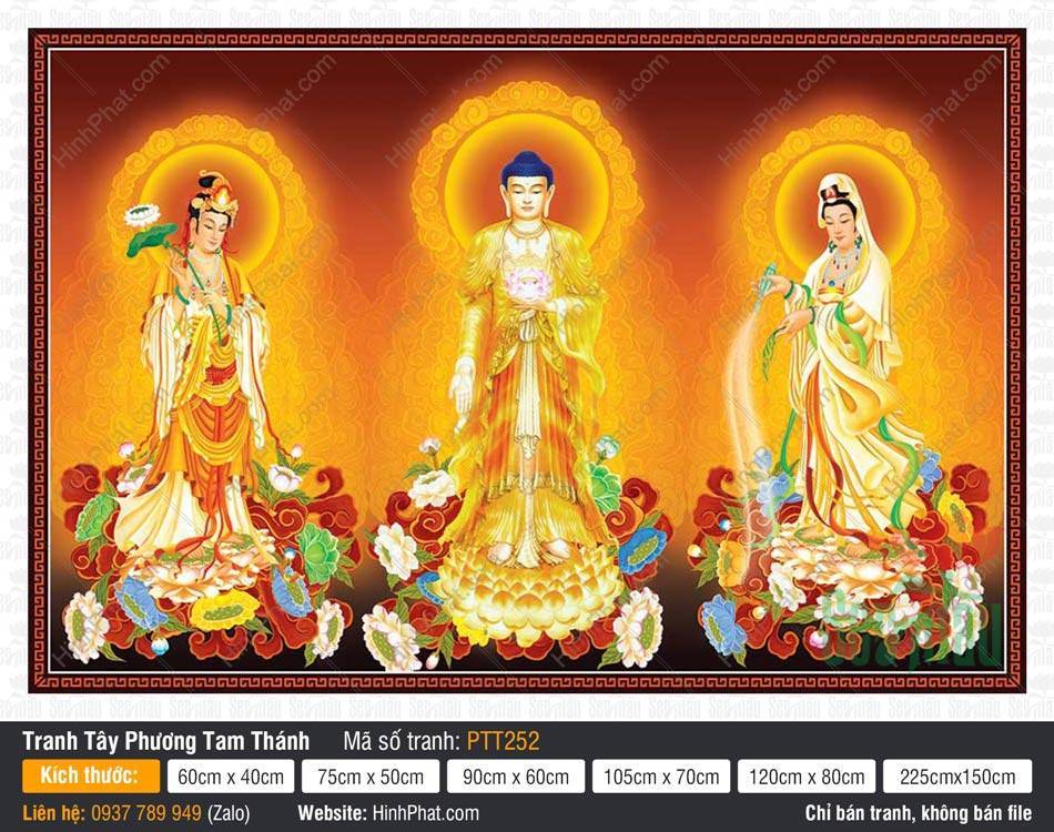 Tranh Tây Phương Tam Thánh kích thước lớn PTT252 Tranh Tây Phương Tam Thánh kích thước lớn PTT252 ngự tòa sen vàng rực rỡ giữa hào quang