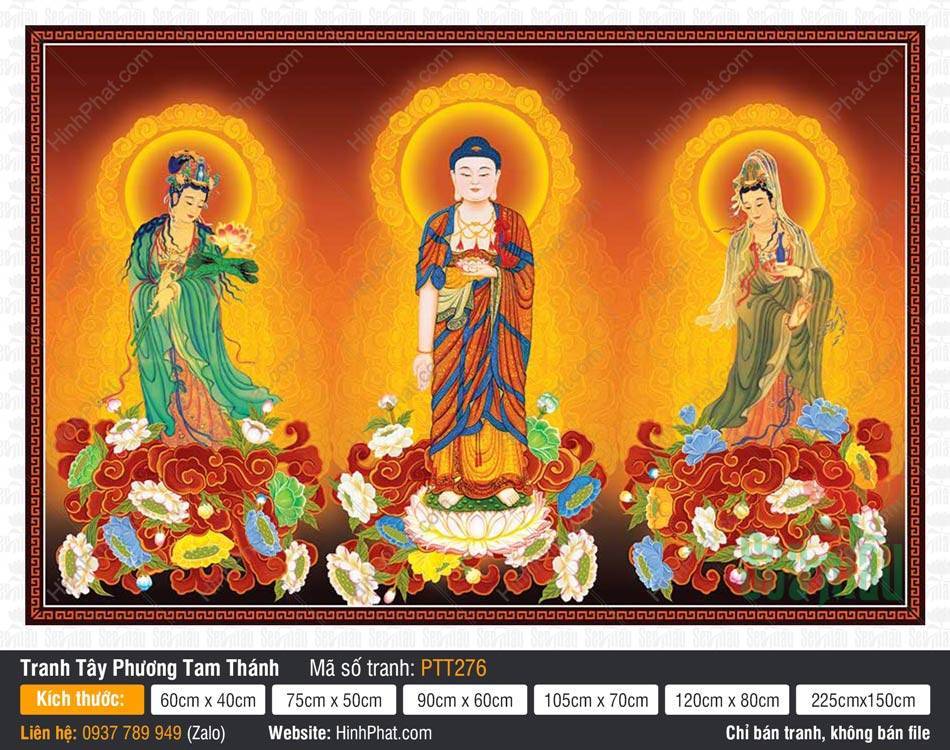 Tranh Tây Phương Tam Thánh kích thước lớn PTT276 Tranh Tây Phương Tam Thánh kích thước lớn PTT276 ba vị đứng trên đài sen tỏa hào quang