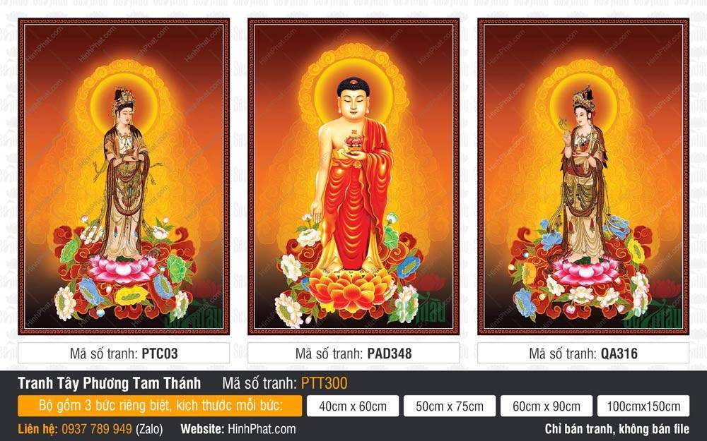 Tranh Tây Phương Tam Thánh kích thước lớn PTT300 Tranh Tây Phương Tam Thánh kích thước lớn PTT300 khắc họa ba vị đứng uy nghiêm trên đài sen hào quang tỏa sáng