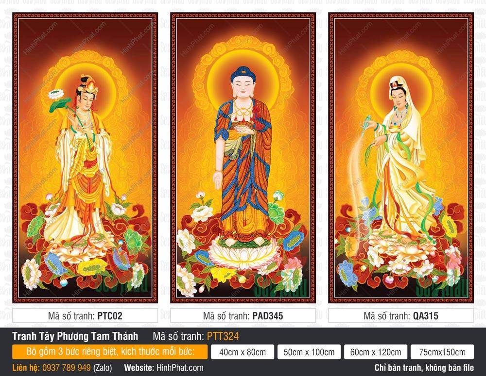 Tranh Tây Phương Tam Thánh kích thước lớn PTT324 Mẫu Tranh Tây Phương Tam Thánh kích thước lớn PTT324 mô tả ba vị Phật Bồ Tát ngự trên tòa sen