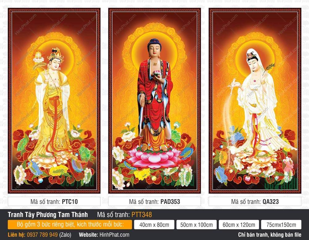 Tranh Tây Phương Tam Thánh kích thước lớn PTT348 Tranh Tây Phương Tam Thánh kích thước lớn PTT348 ba vị đứng trên đài sen rực rỡ