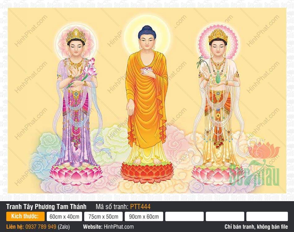 Tranh Tây Phương Tam Thánh kích thước lớn PTT444 Tranh Tây Phương Tam Thánh kích thước lớn PTT444 với ba tôn tượng đứng trên đài sen hồng giữa mây trời