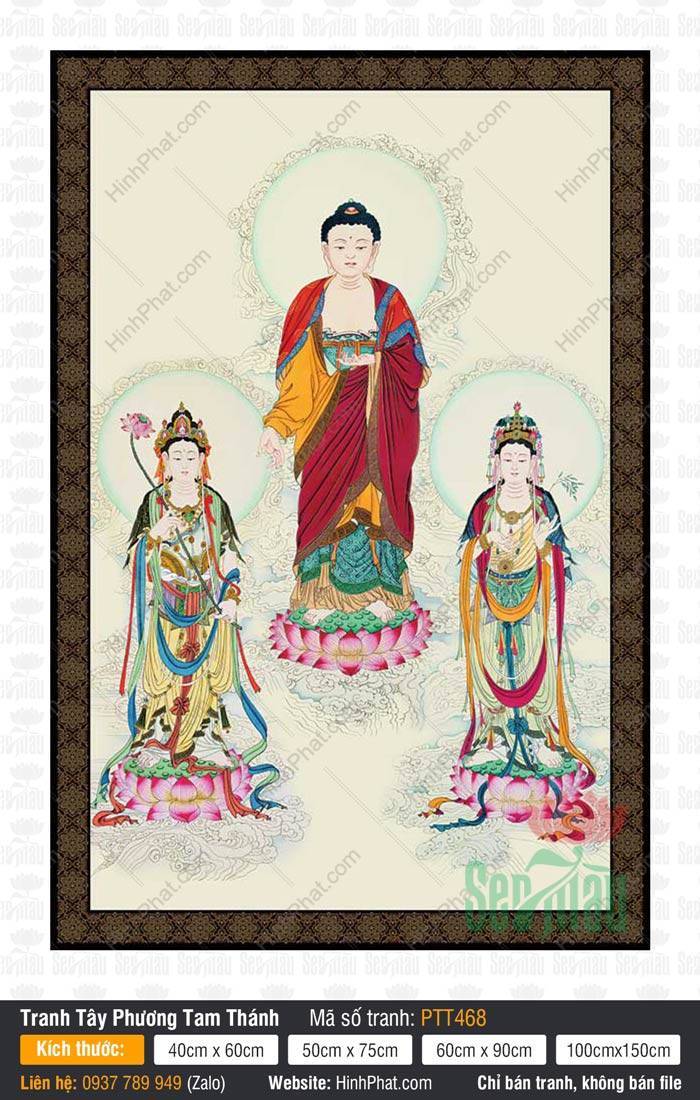 Tranh Tây Phương Tam Thánh kích thước lớn PTT468 Tranh Tây Phương Tam Thánh kích thước lớn PTT468 mô tả Đức Phật và hai vị Bồ Tát ngự đài sen