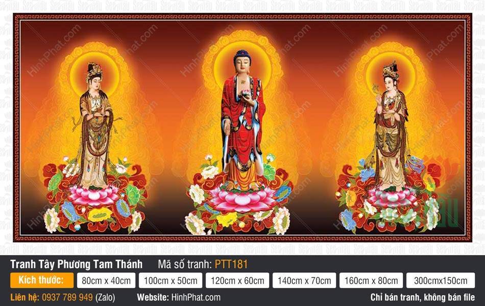 Tranh Tây Phương Tam Thánh size Lớn PTT181 Tranh Tây Phương Tam Thánh size Lớn PTT181 khắc họa ba vị Phật ngự trên tòa sen hồng.