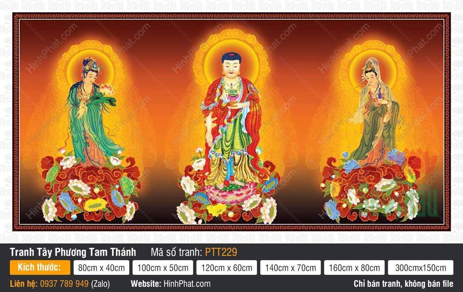 Tranh Tây Phương Tam Thánh size Lớn PTT229 Tranh Tây Phương Tam Thánh size Lớn PTT229 khắc họa Ba Ngài đứng uy nghiêm trên đài sen báu