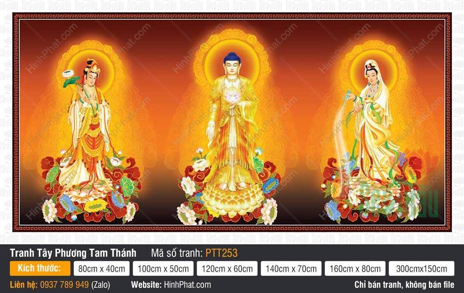 Tranh Tây Phương Tam Thánh size Lớn PTT253 Tranh Tây Phương Tam Thánh size Lớn PTT253 tả ba vị thánh y phục vàng ngự đài sen.