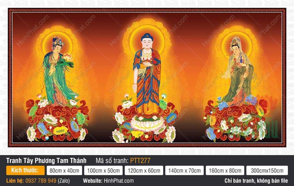 Tranh Tây Phương Tam Thánh size Lớn PTT277 Tranh Tây Phương Tam Thánh size Lớn PTT277 họa cảnh ba vị đứng trên đài sen rực rỡ
