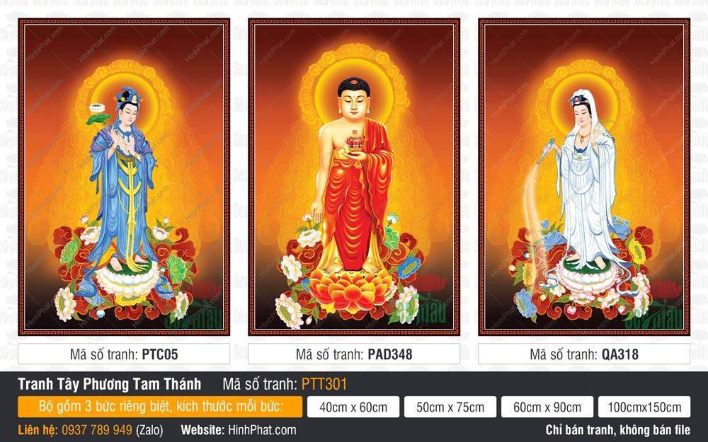 Tranh Tây Phương Tam Thánh size Lớn PTT301 Tranh Tây Phương Tam Thánh size Lớn PTT301 mô phỏng ba đức Phật đứng uy nghiêm trên tòa sen