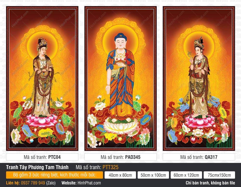 Tranh Tây Phương Tam Thánh size Lớn PTT325 Tranh Tây Phương Tam Thánh size Lớn PTT325 phác họa ba vị thánh đứng trên đài sen rực rỡ