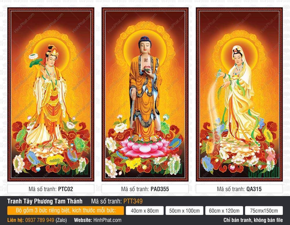 Tranh Tây Phương Tam Thánh size Lớn PTT349 Tranh Tây Phương Tam Thánh size Lớn PTT349 ba vị Phật đứng trên đài sen báu rực rỡ