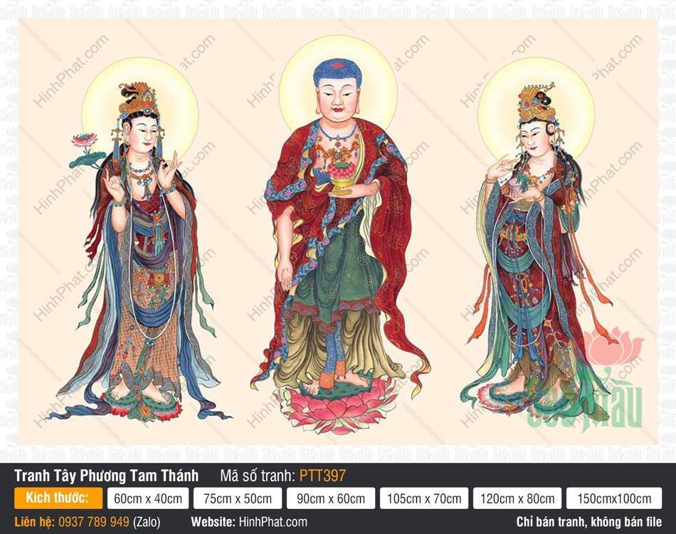 Tranh Tây Phương Tam Thánh size Lớn PTT397 Tranh Tây Phương Tam Thánh size Lớn PTT397 họa hình Ba Đức Phật đứng trên đài sen hồng