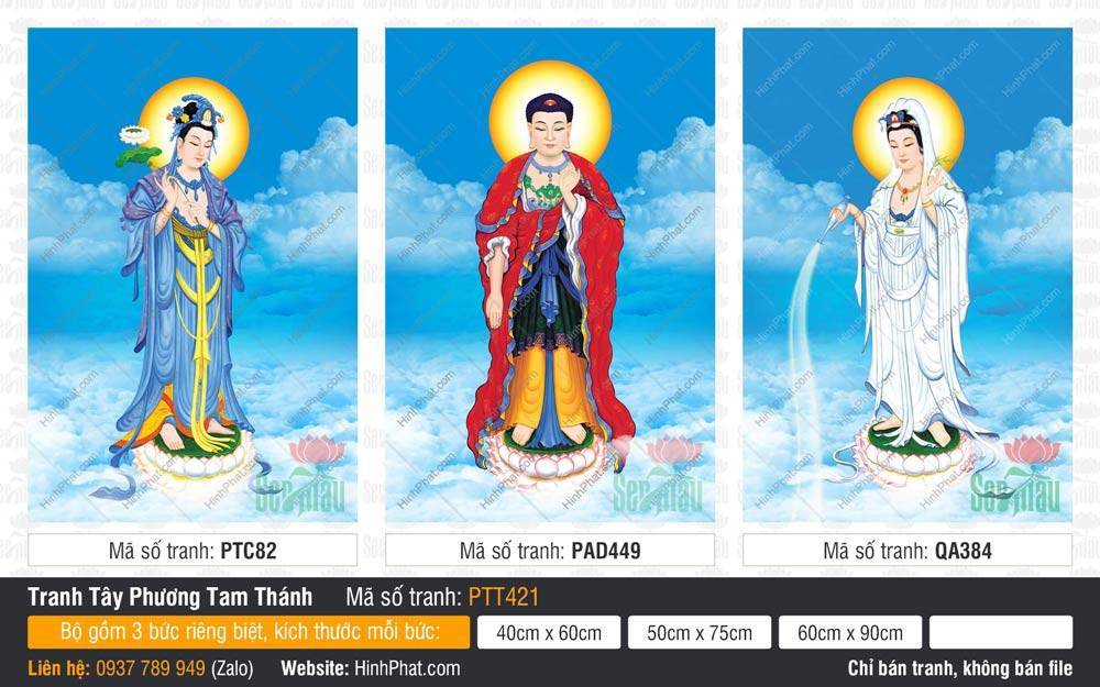 Tranh Tây Phương Tam Thánh size Lớn PTT421 Tranh Tây Phương Tam Thánh size Lớn PTT421 họa ba vị đứng giữa mây xanh