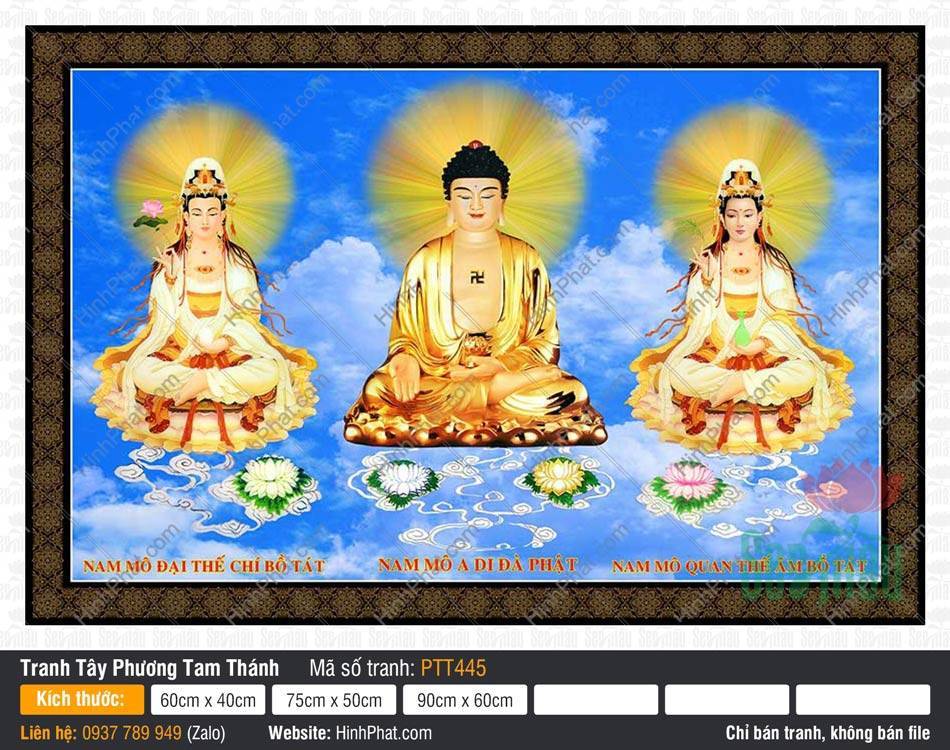Tranh Tây Phương Tam Thánh size Lớn PTT445 Tranh Tây Phương Tam Thánh size Lớn PTT445 với ba tôn tượng ngồi trên đài sen vàng rực rỡ