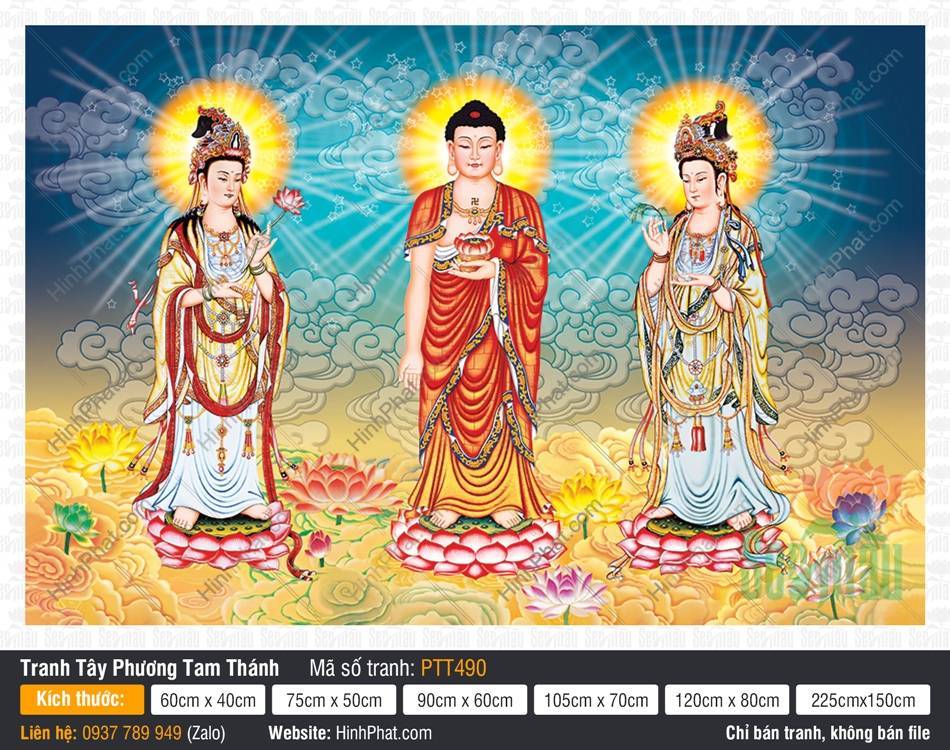 Tranh Thờ Tây Phương Tam Thánh PTT490 Hình Tranh Thờ Tây Phương Tam Thánh PTT490 Ba Ngài đứng trên đài sen nền mây xanh thẫm uy nghiêm