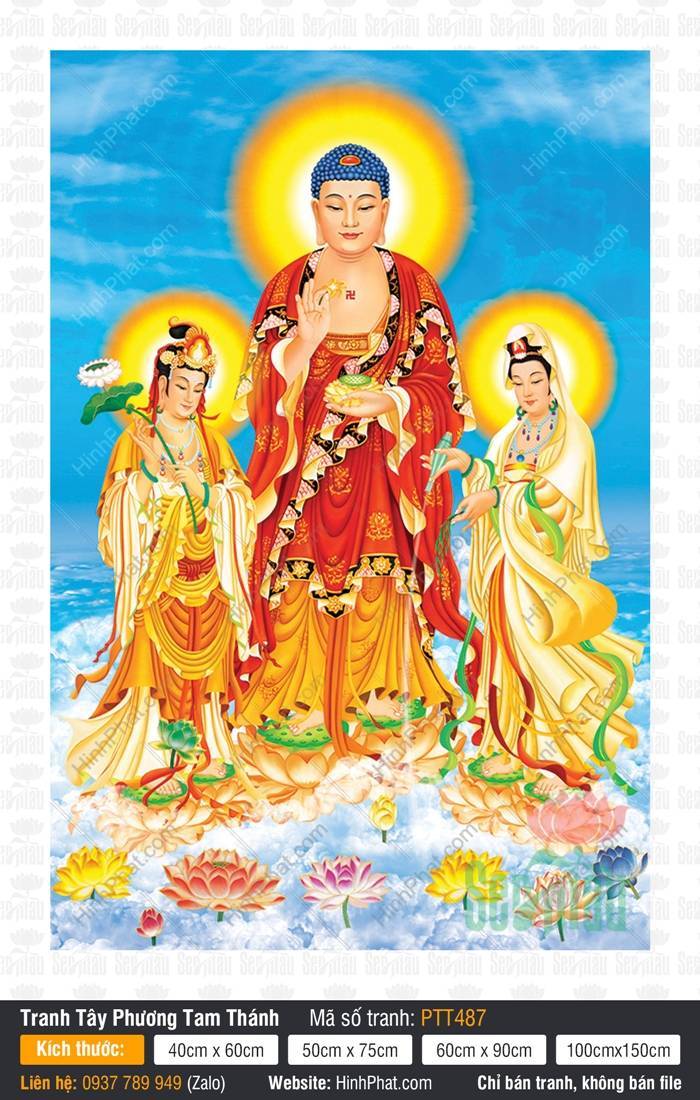 Tranh Vẽ Tây Phương Tam Thánh PTT487 Tranh Vẽ Tây Phương Tam Thánh PTT487 với Ba Ngài đứng trên đài sen nền trời xanh mây trắng