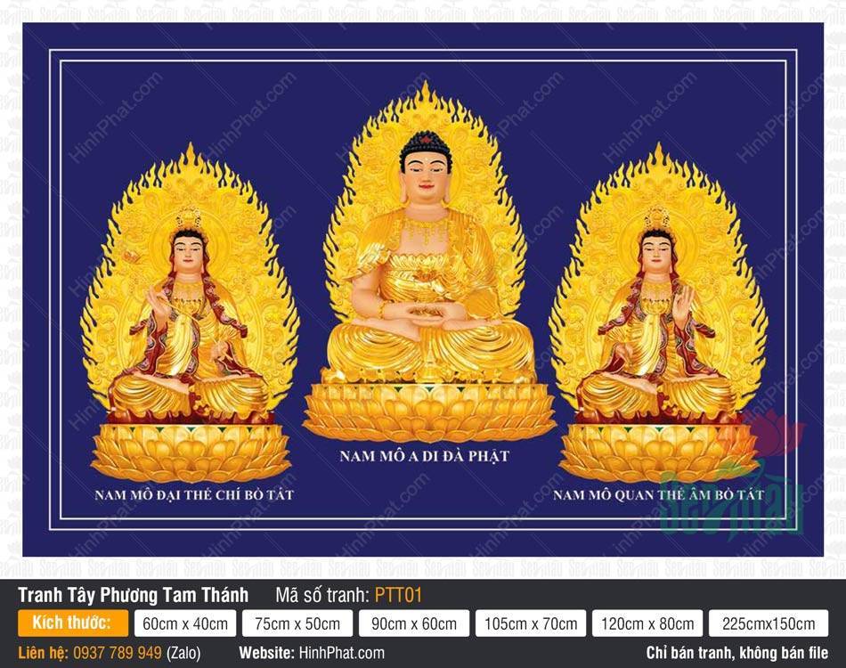 Tây Phương Tam Thánh PTT01 Tây Phương Tam Thánh PTT01 khắc họa ba vị tôn tượng ngự sen vàng tỏa hào quang lá bồ đề rực rỡ