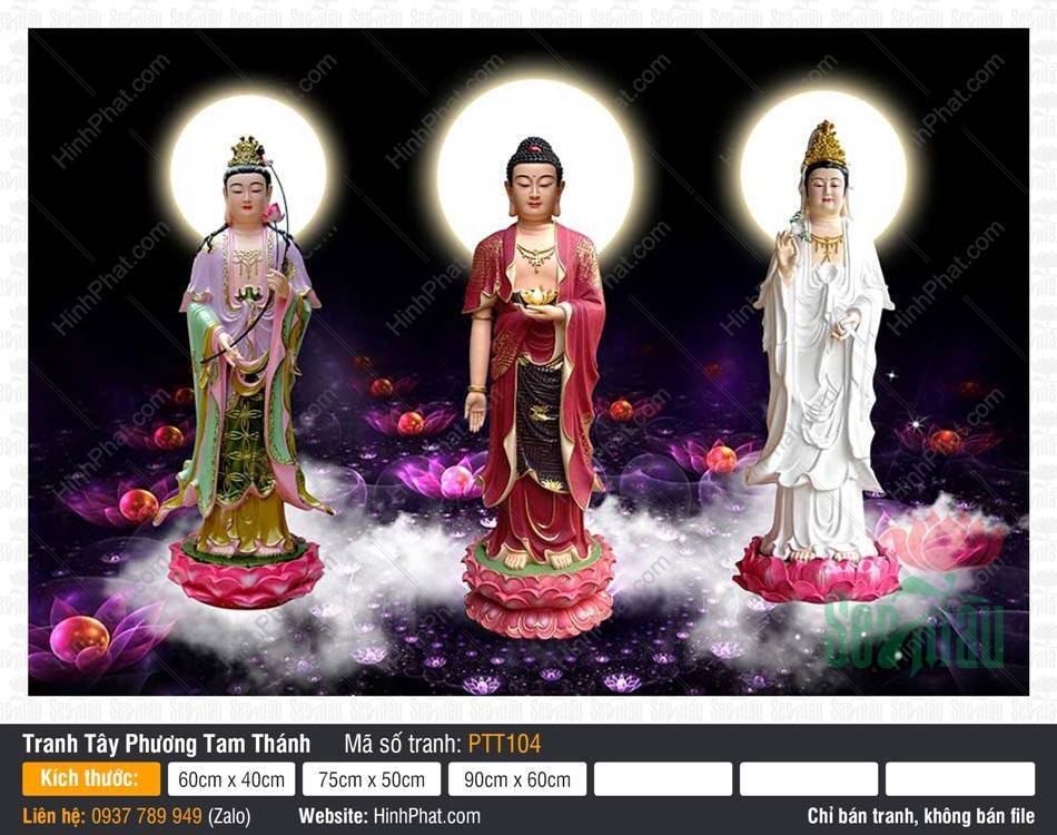 Hình Tây Phương Tam Thánh PTT104 Hình Tây Phương Tam Thánh PTT104 ngự đài sen hồng rực rỡ trên nền đen huyền bí