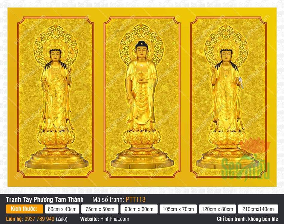 Hình Tây Phương Tam Thánh PTT113 Tây Phương Tam Thánh PTT113 với ba vị Phật Bồ Tát đứng trên đài sen vàng rực rỡ