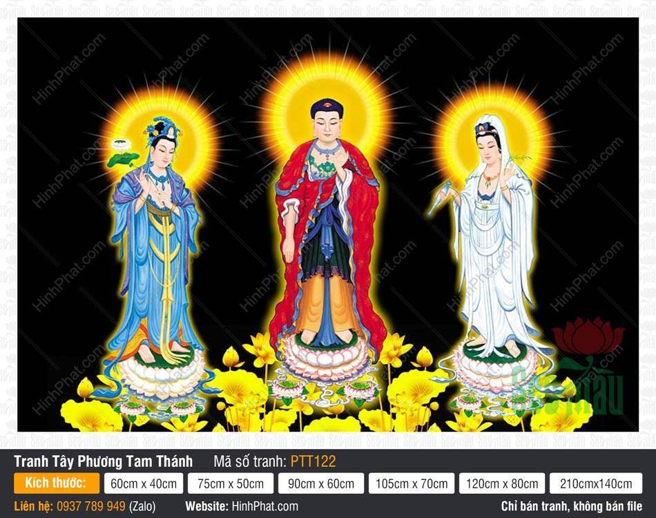 Hình Tây Phương Tam Thánh PTT122 Hình Tây Phương Tam Thánh PTT122 đức Phật Di Đà đứng giữa đài sen vàng tỏa rạng rực rỡ