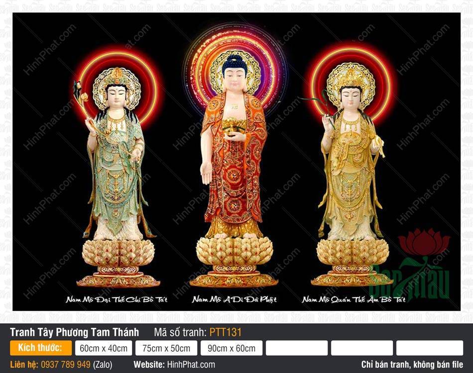 Hình Tây Phương Tam Thánh PTT131 Hình Tây Phương Tam Thánh PTT131, Tranh ba vị đứng đài sen rực rỡ sắc nét cao