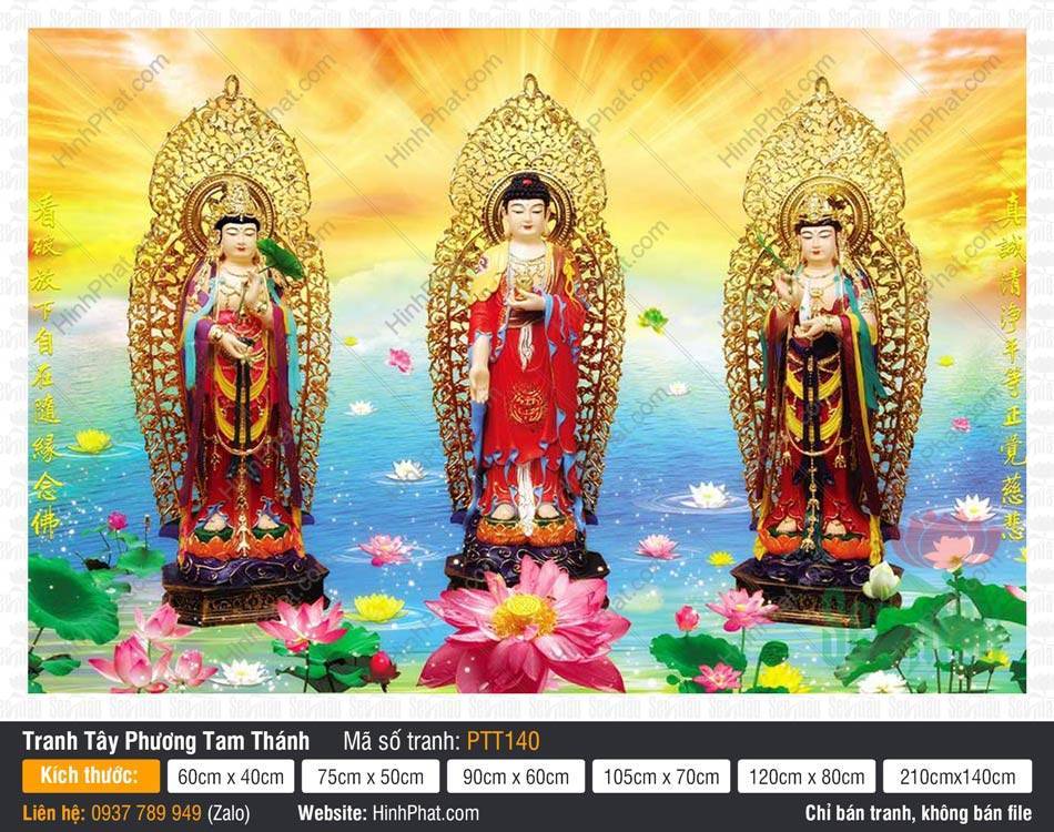Hình Tây Phương Tam Thánh PTT140 Hình Tây Phương Tam Thánh PTT140 tượng Phật A Di Đà và hai vị Bồ Tát đứng đài sen rực rỡ