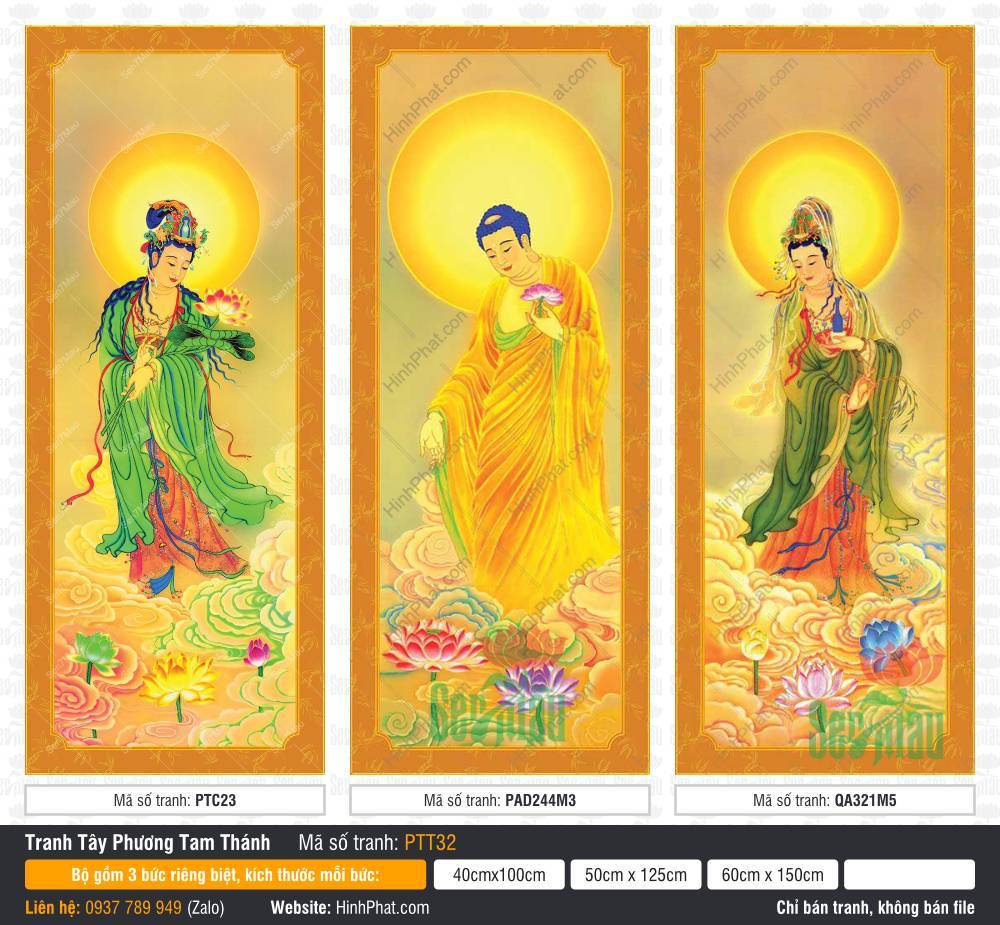 Hình Tây Phương Tam Thánh PTT32 Hình Tây Phương Tam Thánh PTT32 với bộ ba tấm Phật A Di Đà và hai vị Bồ Tát ngự đài sen giữa mây vàng