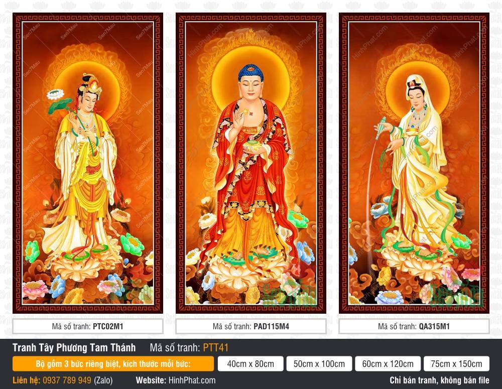 Hình Tây Phương Tam Thánh PTT41 Hình Tây Phương Tam Thánh PTT41 khắc họa Đức Phật A Di Đà và hai vị Bồ Tát trên đài sen