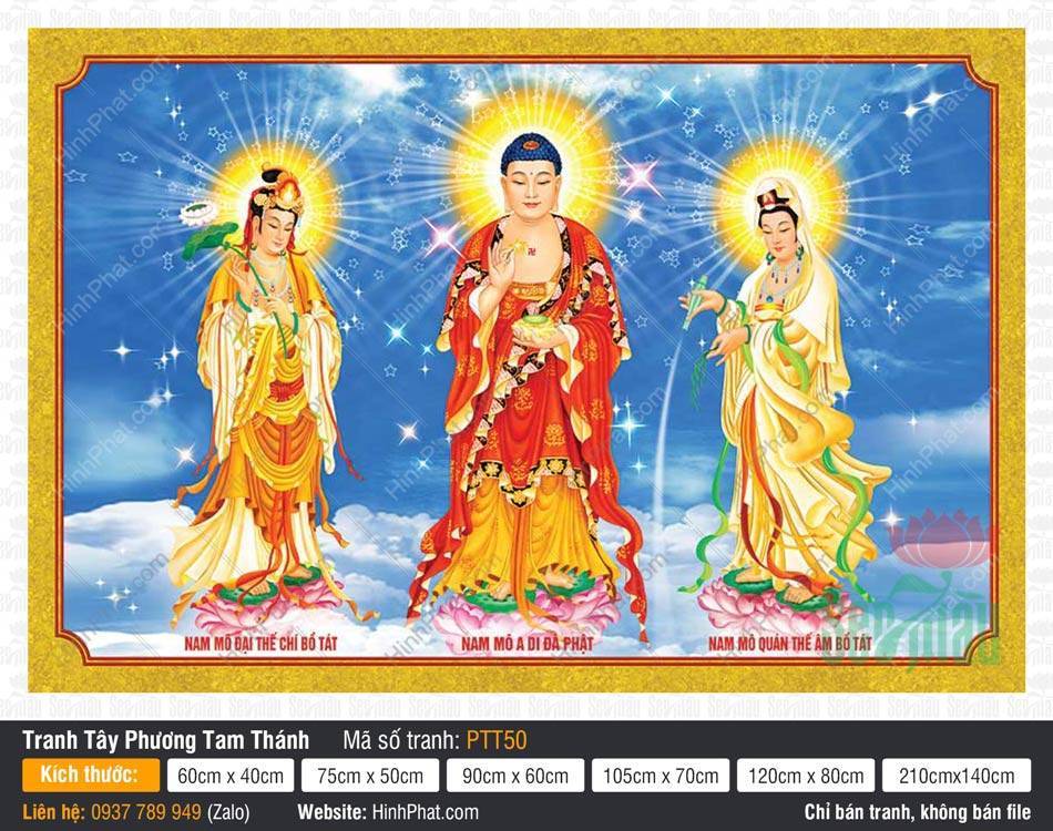 Hình Tây Phương Tam Thánh PTT50 Hình Tây Phương Tam Thánh PTT50 bố cục ngang ba vị đứng đài sen nền trời mây