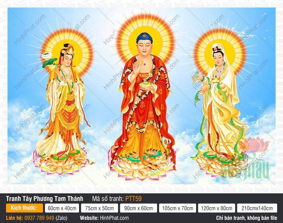 Hình Tây Phương Tam Thánh PTT59 Hình Tây Phương Tam Thánh PTT59 ba vị tôn giả đứng trên đài sen giữa trời mây xanh
