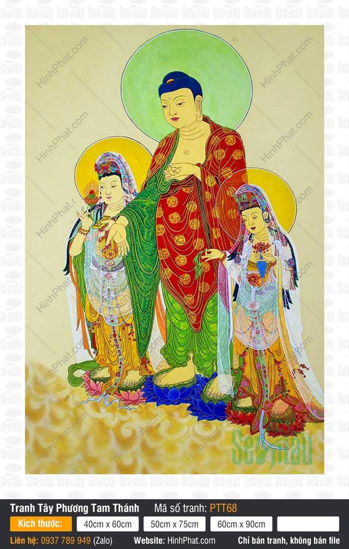Hình Tây Phương Tam Thánh PTT68 Hình Tây Phương Tam Thánh PTT68 ba vị tôn giả ngự đài sen họa tiết tinh xảo